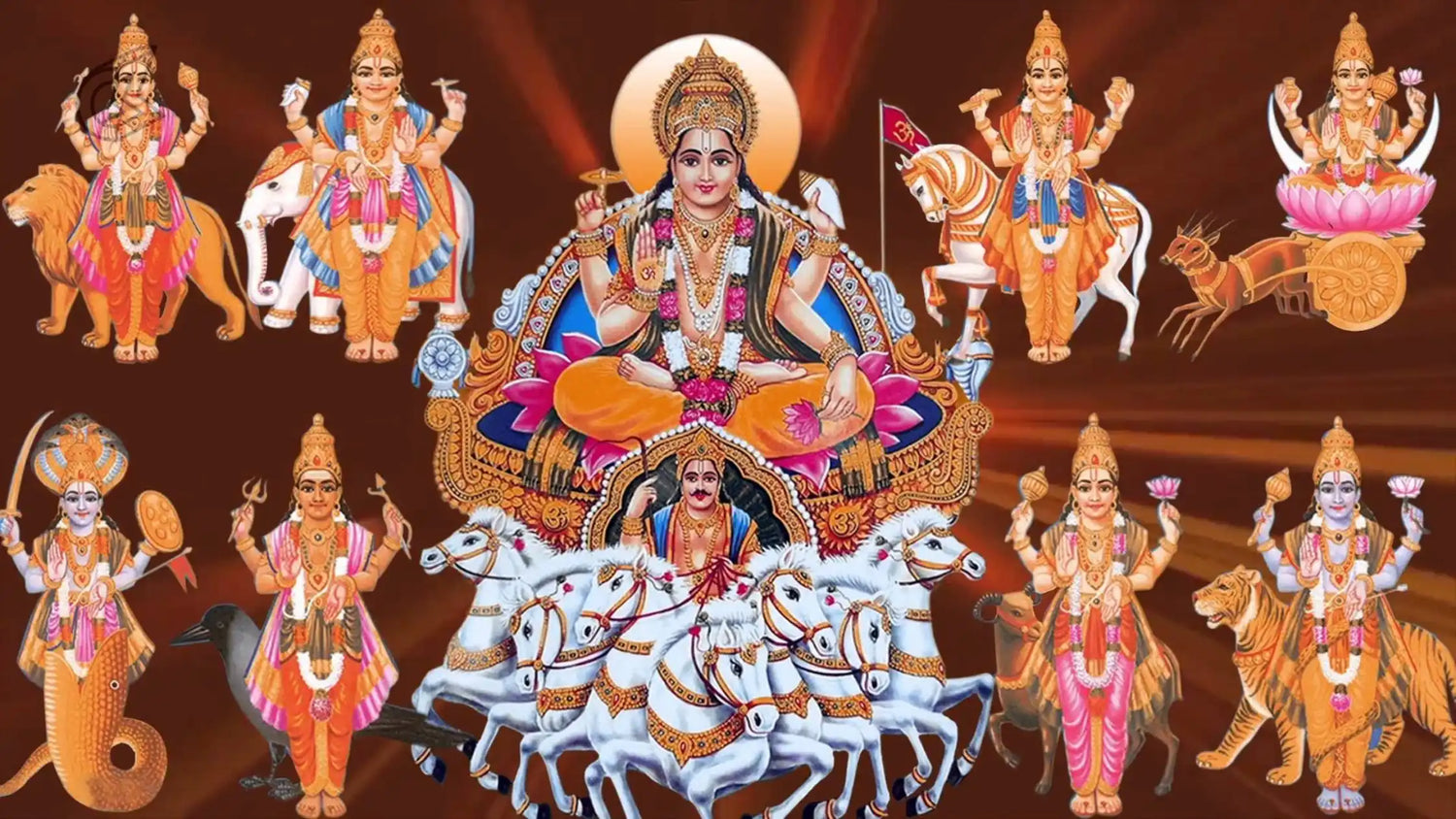 Colorful representation of Navagraha Stotram with deities and their symbols in vibrant art