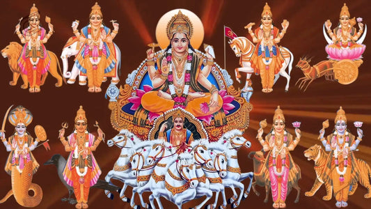 Colorful representation of Navagraha Stotram with deities and their symbols in vibrant art
