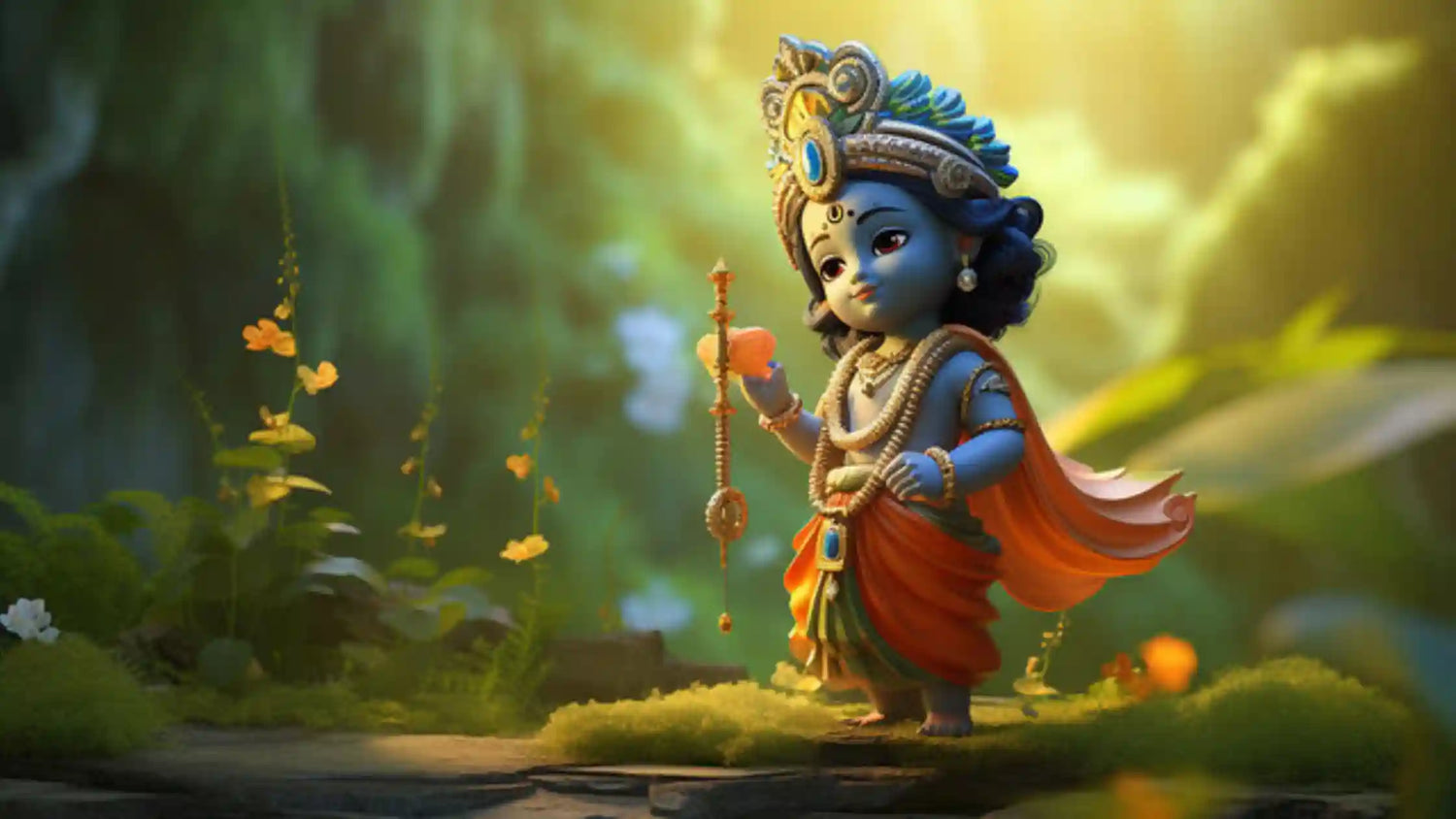 Divine depiction of Shri Krishna Kanhaiya Aarti in a serene natural setting with vibrant colors