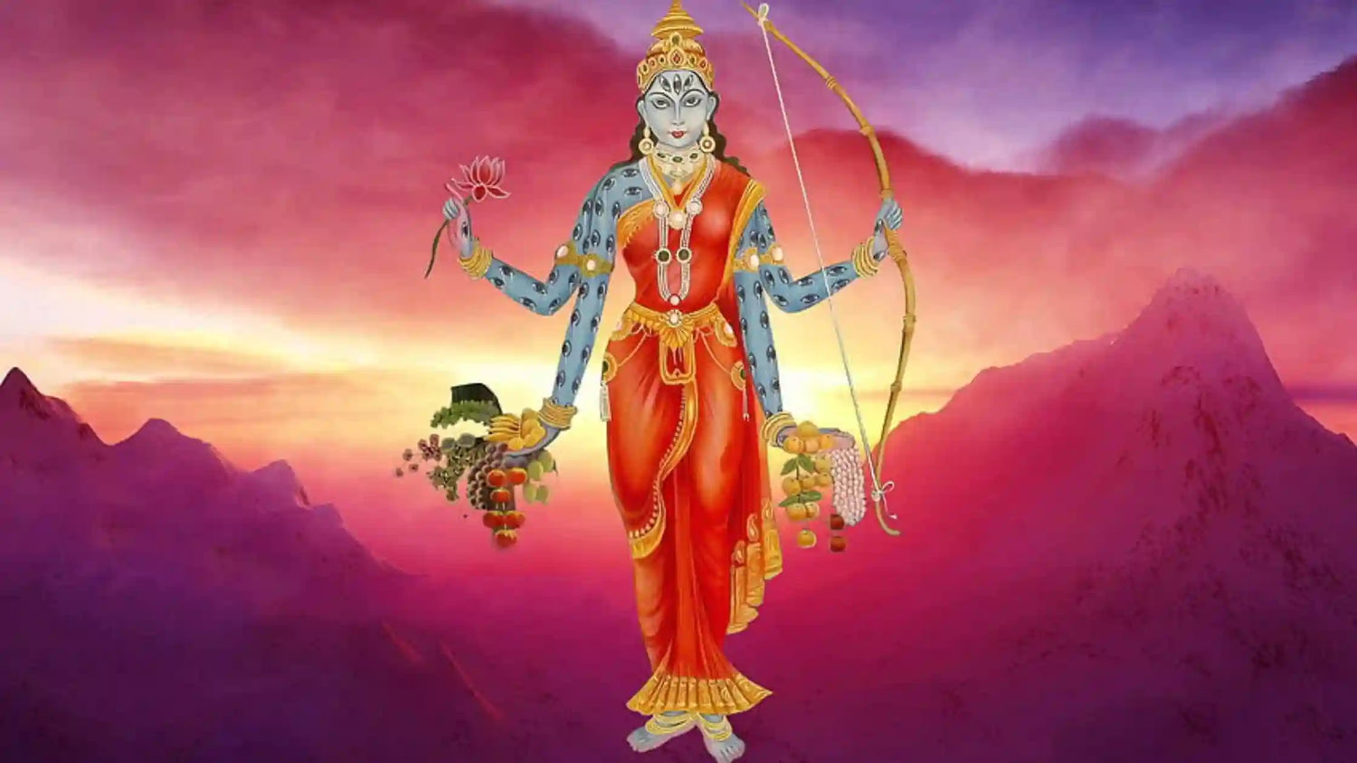 Illustration of Goddess Shri Shakambhari Mata holding a bow and floral offerings in a vibrant mountain background for Shri Shakambhari Mata Chalisa
