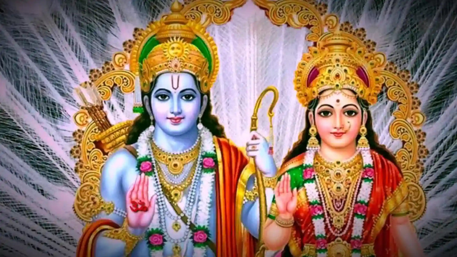 Divine depiction of Lord Rama and Goddess Sita with Janaki Mata Aarti theme, showcasing intricate details