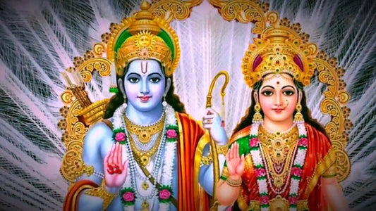 Divine depiction of Lord Rama and Goddess Sita with Janaki Mata Aarti theme, showcasing intricate details