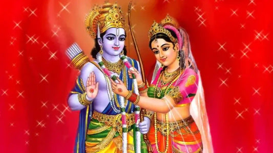 Sita Mata Aarti illustration showing Lord Rama and Sita in vibrant traditional attire
