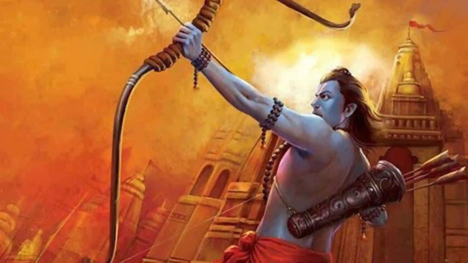 Artistic depiction of Lord Rama preparing to shoot an arrow, inspired by Shree Ramachandra Aarti