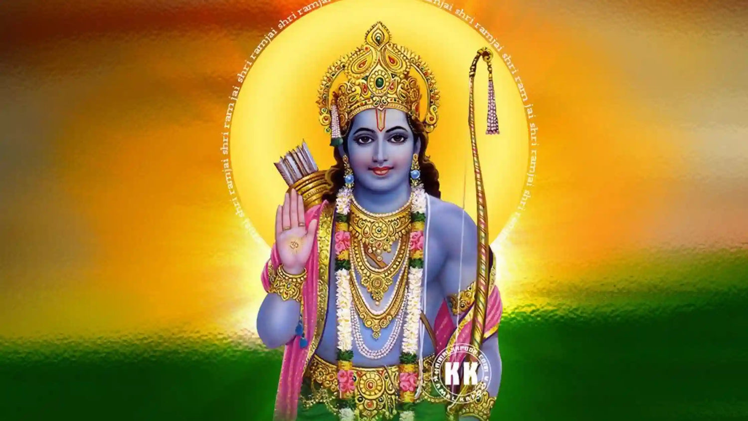 Colorful depiction of Lord Rama with bow, representing Shri Rama Raghupati Ki Aarti worship