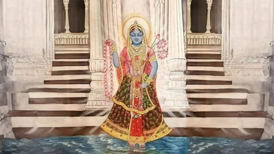 Artistic depiction of Shri Yamuna Ashtakam with traditional details and serene water backdrop