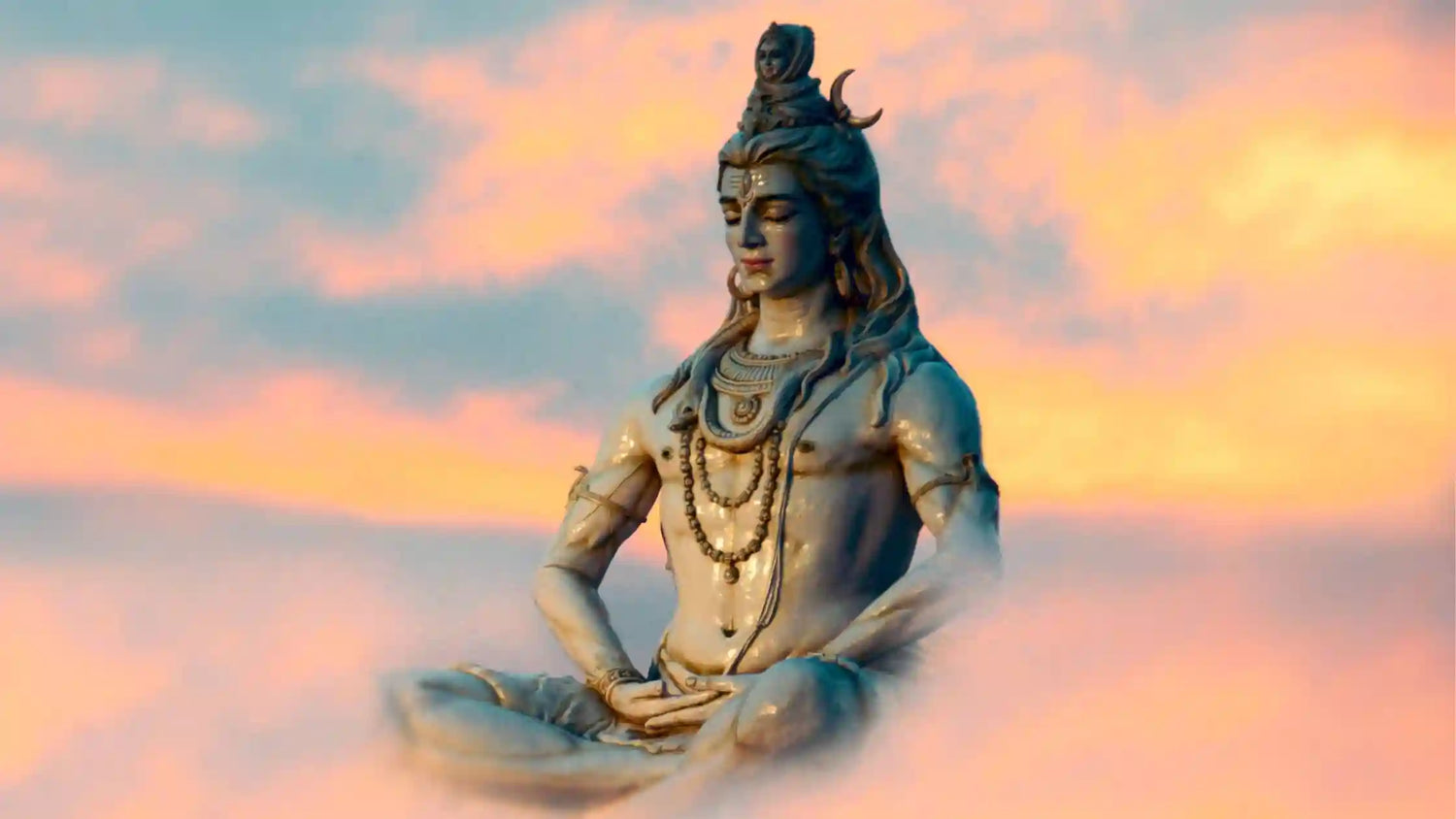 Beautiful statue of Lord Shiva meditating with clouds and sunset, depicting Shri Shiv Ji Ki Aarti