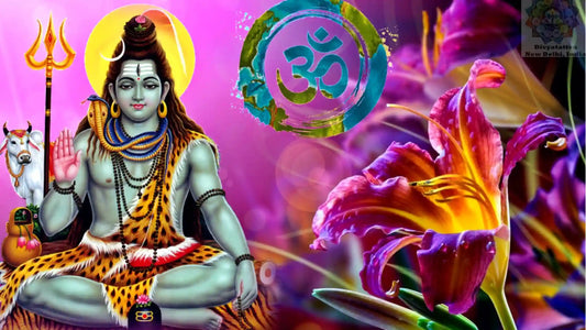 Colorful depiction of Lord Gangadhara Aarti with Lord Shiva, a cow, and vibrant flowers