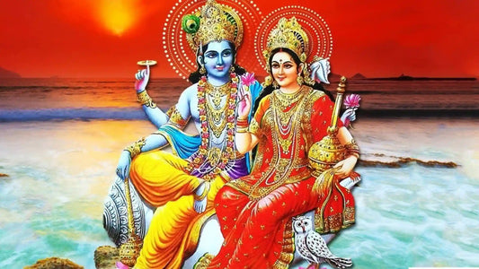 Colorful artwork of Shri Jagdish Ji Ki Aarti featuring deities by the ocean at sunset