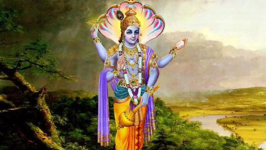 Colorful depiction of Lord Badarinatha Aarti showcasing the deity with divine attributes and serene landscape