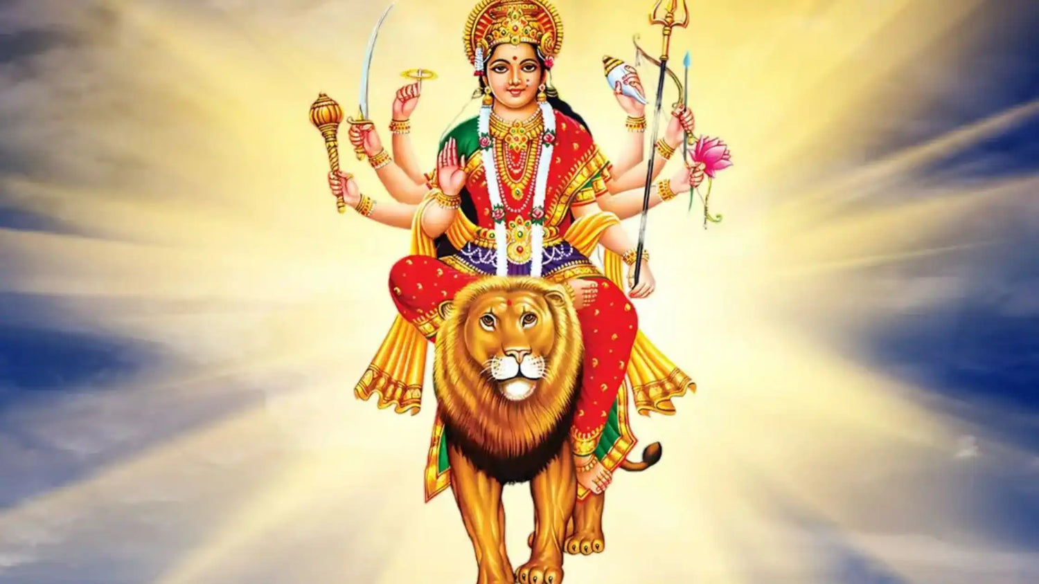 Goddess Durga on a lion, representing the Mahishasura Mardini Stotram in a radiant backdrop