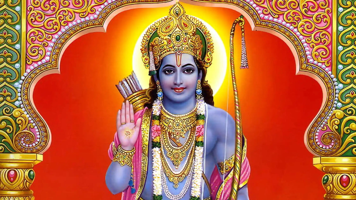 Vibrant depiction of Lord Rama with ornate decorations and golden background representing Shri Rama Ashtakam