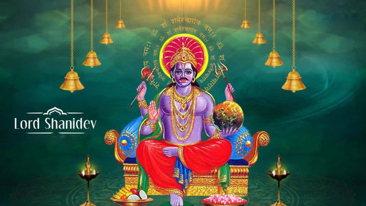 Colorful illustration of Lord Shanidev, featuring Shri Shanidev Aarti with traditional elements and decorations