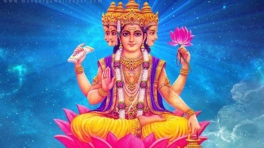 Divine depiction of Shri Brahma Chalisa with Lord Brahma holding a lotus and sacred texts