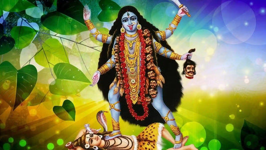 Illustration of Goddess Kali holding a sword and a severed head with vibrant background for Mahakali Mata Chalisa