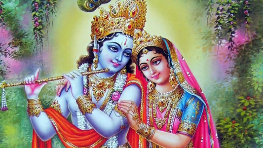 Radha Mata Aarti illustration depicting Radha and Krishna surrounded by vibrant floral background