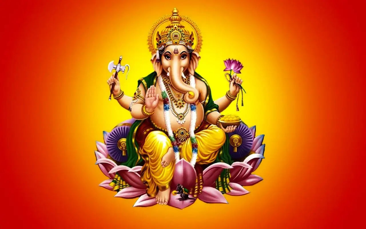 Colorful depiction of Lord Ganesha surrounded by lotus flowers representing Ganesha Ashtakam