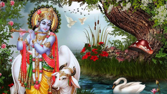 Shri Achyuta Ashtakam depiction featuring Lord Krishna with flute and serene nature background