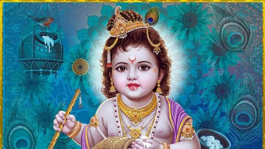 Colorful artwork of baby Krishna playing a flute, representing Shri Nandakumar Ashtakam