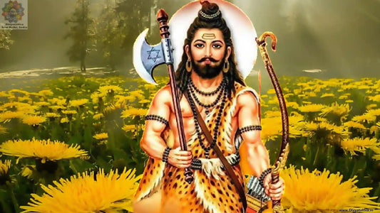 Illustration of Lord Parashurama holding axe and bow surrounded by yellow flowers with Shri Parashurama Chalisa keyword