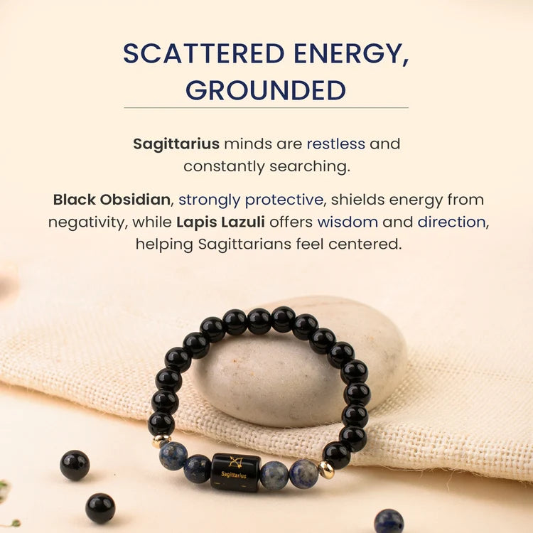 Sagittarius (Dhanu Rashi) Zodiac Bracelet – Natural Black Obsidian & Lapis Lazuli