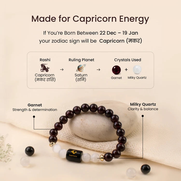 Capricorn (Makar Rashi) Zodiac Bracelet – Natural Garnet & Milky Quartz
