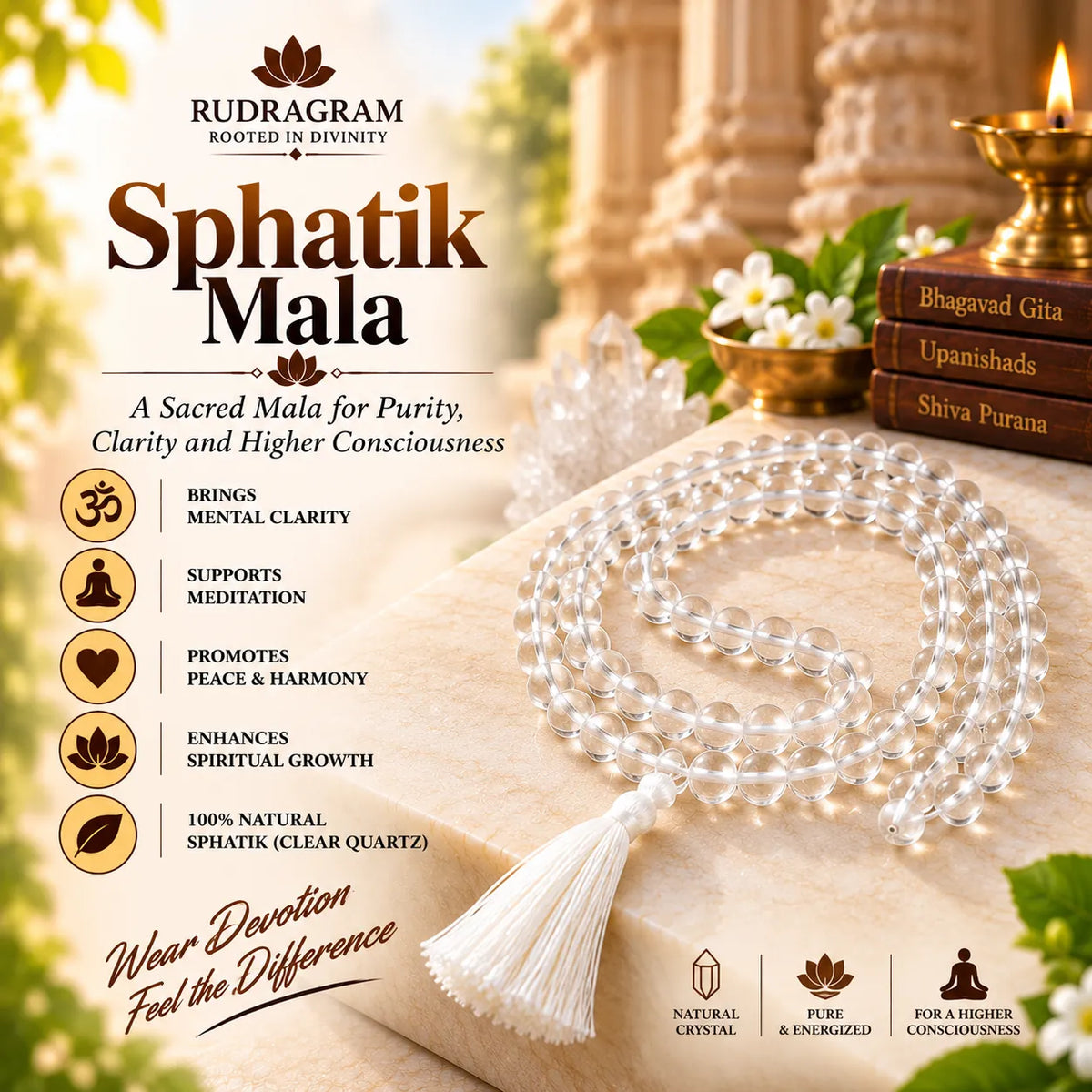 Sphatik Mala – 100% Natural Clear Quartz, 108+1 Beads