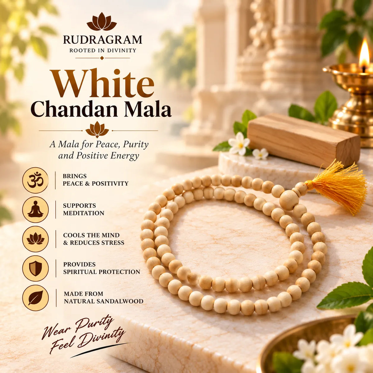 White Chandan Mala – 108+1 Beads, 100% Natural