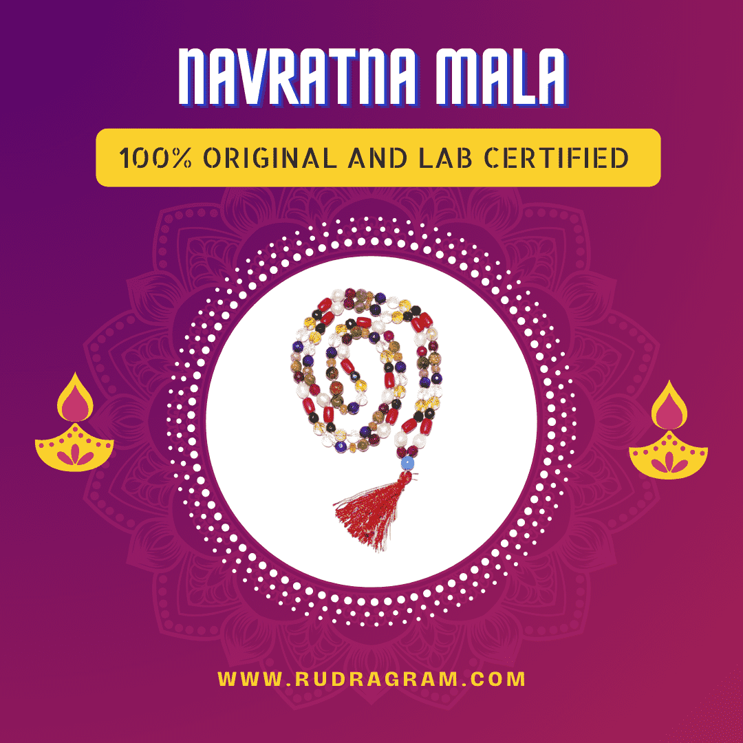 Original Navratna Mala with colorful beads and a tassel for spiritual and ritualistic purposes