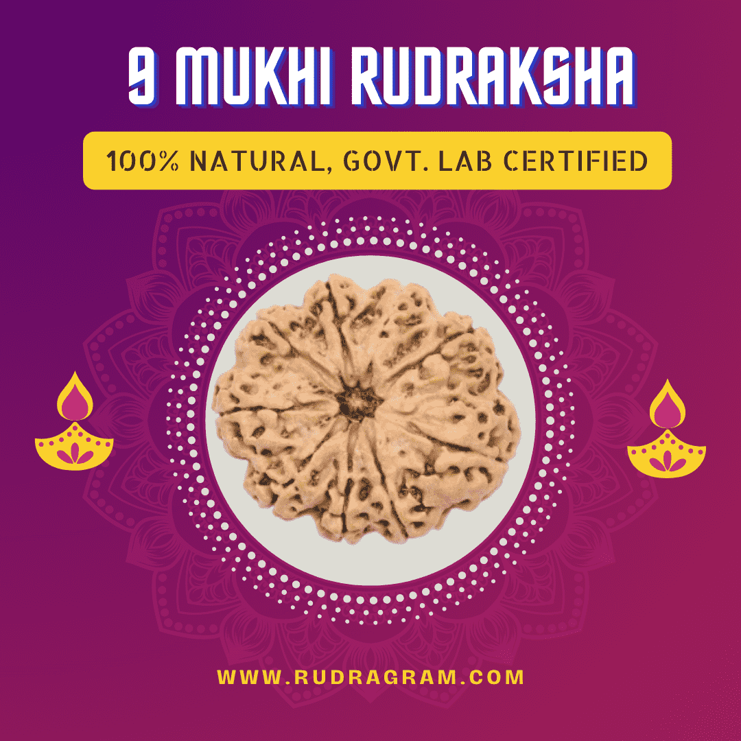9 Mukhi Rudraksha with 100% natural and government lab certification displayed on a vibrant background
