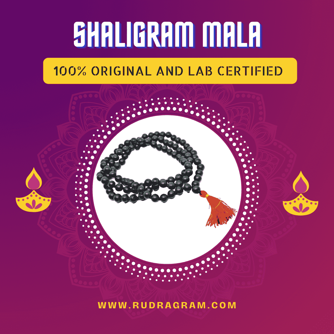 Shaligram Mala from RudraGram, 100% original and lab certified, featuring black beads and a red tassel