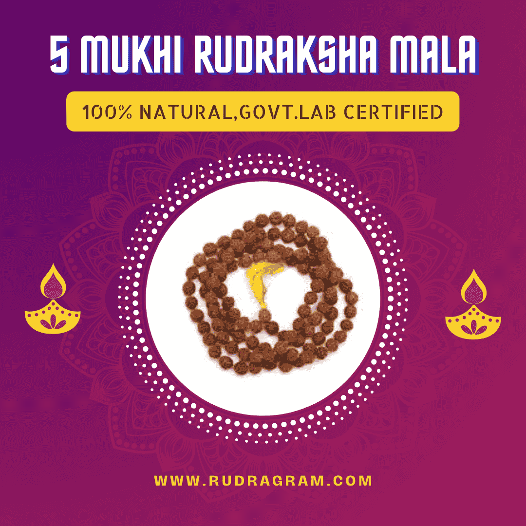 Shiv Shakti Kavach 5 Mukhi Rudraksha Mala 100% Natural with Government Lab Certification