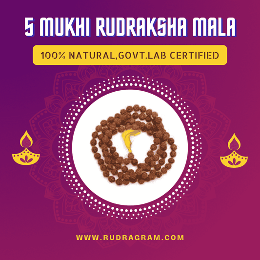 Shiv Shakti Kavach 5 Mukhi Rudraksha Mala 100% Natural with Government Lab Certification