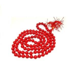 RudraGram Red Coral Mala made of polished red coral beads for spiritual and meditation practices