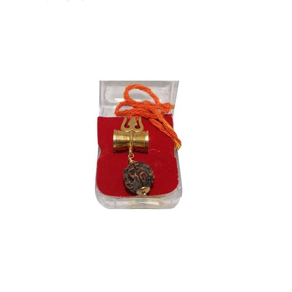 RudraGram Shiv Shakti Kawach in a decorative box, featuring a golden bell and a rudraksha bead