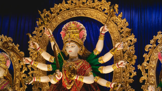 Beautiful depiction of Goddess Durga with multiple arms, representing Devi Aparadha Kshamapana Stotram
