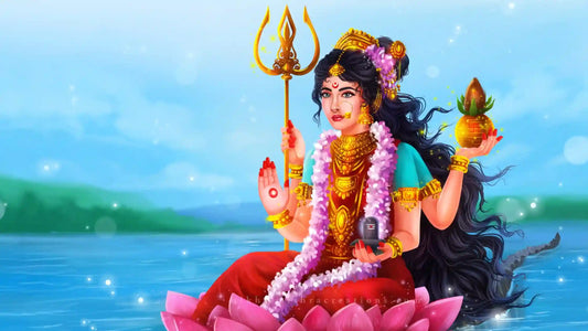 Illustration of Hindu goddess Shri Narmada Mata seated on a lotus over water holding a trident and sacred pot with Shri Narmada Mata Chalisa