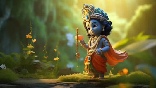 Divine depiction of Shri Krishna Kanhaiya Aarti in a serene natural setting with vibrant colors