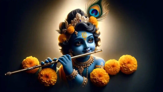 Lord Giridhari Aarti image featuring a depiction of Lord Krishna playing the flute surrounded by floral decorations