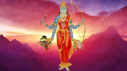 Shakambhari Mata Aarti image depicting the goddess in vibrant attire with bow and offerings