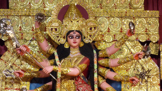 Goddess Durga depicted with multiple arms and ornate attire, symbolizing Shri Vindhyeshwari Mata Stotram