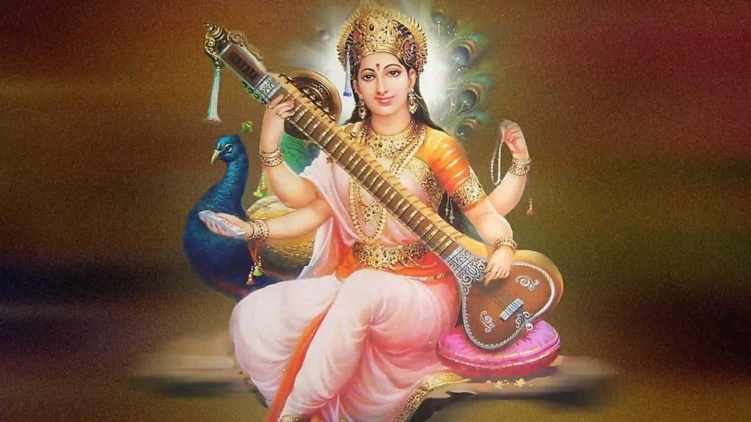 Artistic depiction of Sharda Mata with a veena, symbolizing music and knowledge in devotion to Sharda Mata Aarti