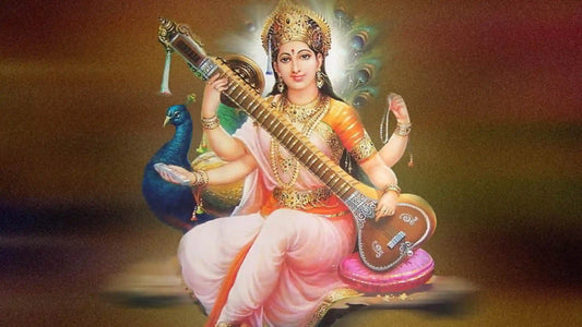 Religious image of Goddess Saraswati holding a veena with a peacock nearby representing Shri Sharda Mata Chalisa