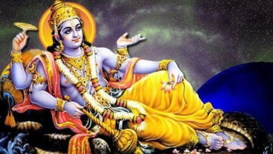 Vibrant depiction of Lord Vishnu reclining with symbols of peace, representing Shri Dinabandhu Ashtakam