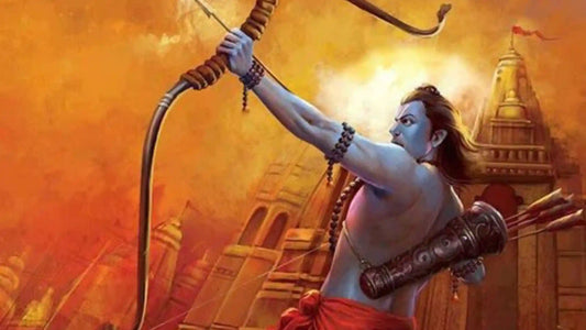 Artistic depiction of Lord Rama preparing to shoot an arrow, inspired by Shree Ramachandra Aarti