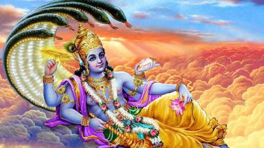 Vishnu resting on clouds with serpents, symbolizing the Shri Vishnu Dashavatara Stotram theme.