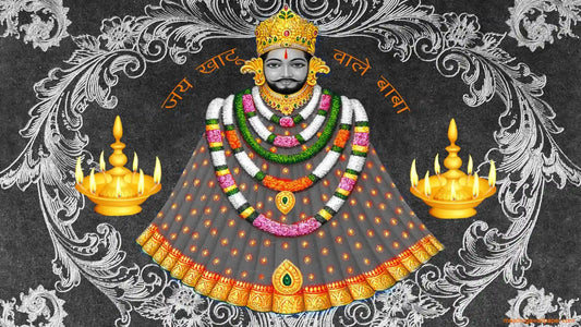 Illustration of deity adorned with colorful garlands and crown surrounded by traditional oil lamps for Shri Shyam Chalisa