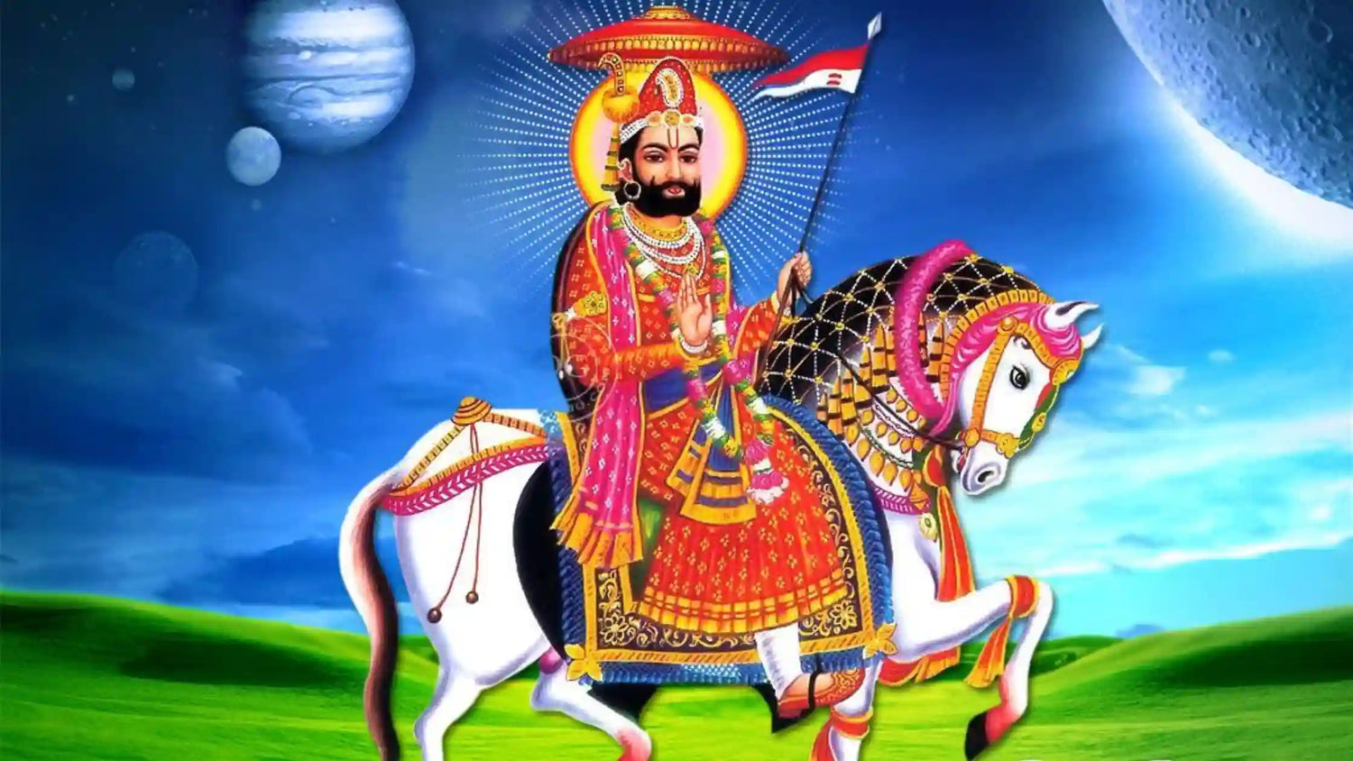 Shri Ramdev Aarti depicting the deity riding a white horse in a celestial landscape