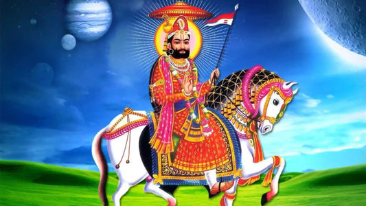 Shri Ramdev Aarti depicting the deity riding a white horse in a celestial landscape