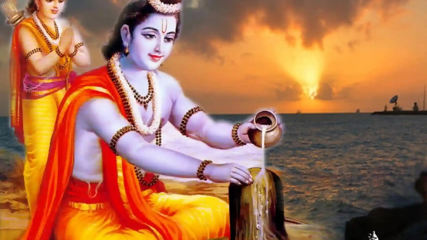 Artistic depiction of Shri Sitarama Aarti with vibrant colors and sunset background